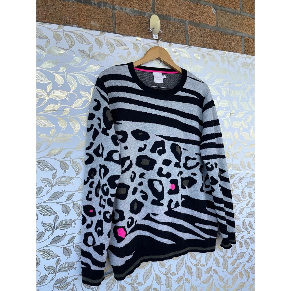 Brodie WISPR Silk Cotton Cashmere Zebra Leopard Animal Print Sweater L Grey Neon - Picture 2 of 7